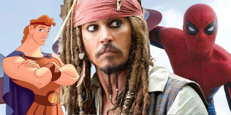 A photo of Jack Sparrow, Spider-Man, and Hercules.