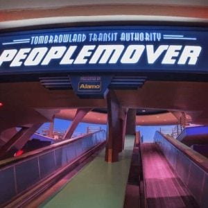 The illuminated sign for the Tomorrowland Transit Authority PeopleMover.