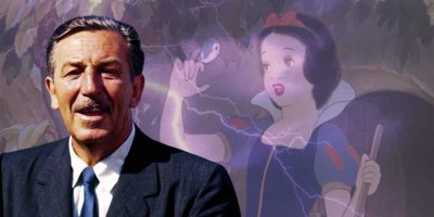Walt Disney (L) with 'Snow White' in the background overlaid with lightning