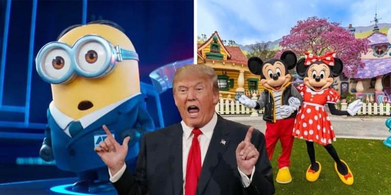 A minion from Despicable Me and Mickey Mouse and Minnie Mouse in ToonTown with Donald Trump in the middle