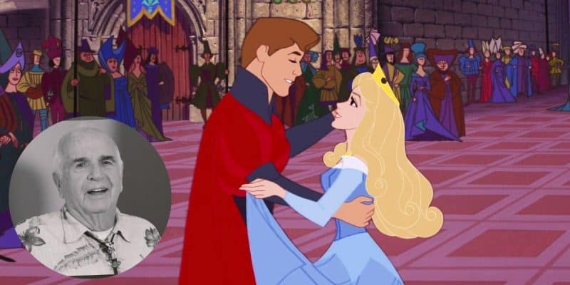 A scene from Sleeping Beauty with an insert of Disney animator Joe Hale