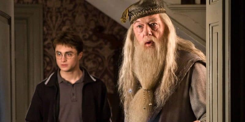 Albus Dumbledore (Michael Gambon) and Harry Potter (Daniel Radcliffe) looking shocked