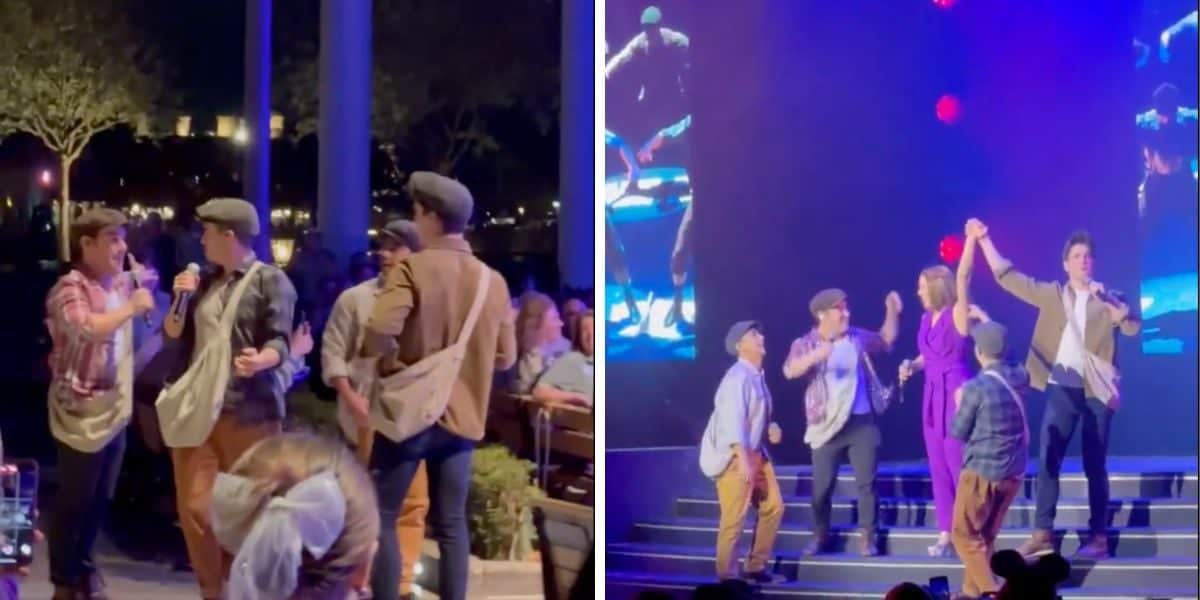 In an EPCOT Broadway show, four performers take the stage, two sporting newsboy caps and gripping microphones, singing animatedly in the left image. In the right image, they dance energetically with a woman in a purple dress under bright stage lights as an audience watches.
