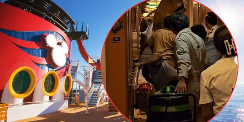 The image shows a split view. On the left, a cruise ship deck features a large red funnel with three yellow circles. On the right, a crowded hallway with people pushing a cart loaded with items. A badge is seen on one person’s sleeve.