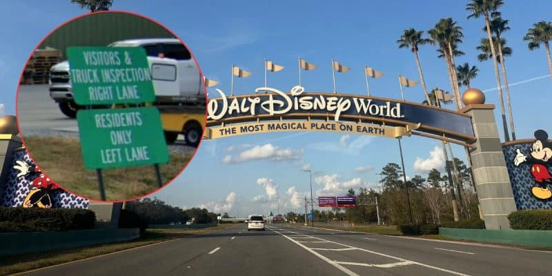 Entrance to Walt Disney World in Florida with a sign reading "The Most Magical Place on Earth." Inset shows a green sign directing "Visitors & Truck Inspection" to the right lane and "Residents Only" to the left lane.