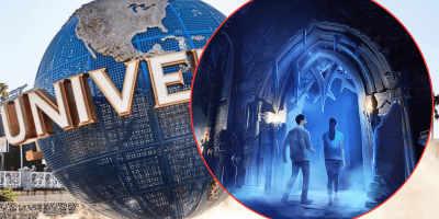 The image features the Universal globe sculpture on the left, with large letters spelling "Universal." On the right, a man and woman in futuristic, icy environment, entering a glowing, ornate doorway with blue light.