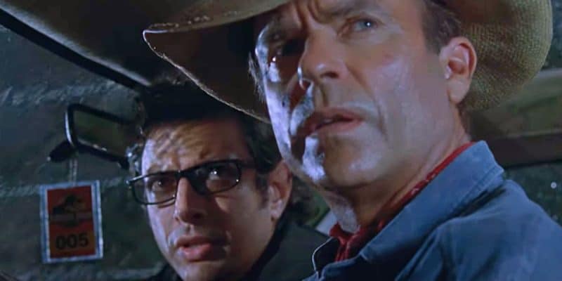 L to R: Jeff Goldblum and Sam Neill in the jeep during the T-Rex breakout in 'Jurassic Park' from Universal Islands of Adventure.