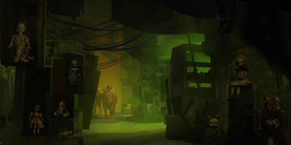 Dimly lit room with eerie green lighting. Walls adorned with creepy dolls. In the background, figures in hazmat suits walk away, creating an unsettling atmosphere. Shadows and wires hang from above, enhancing the mysterious setting at Universal Horror Unleashed. 