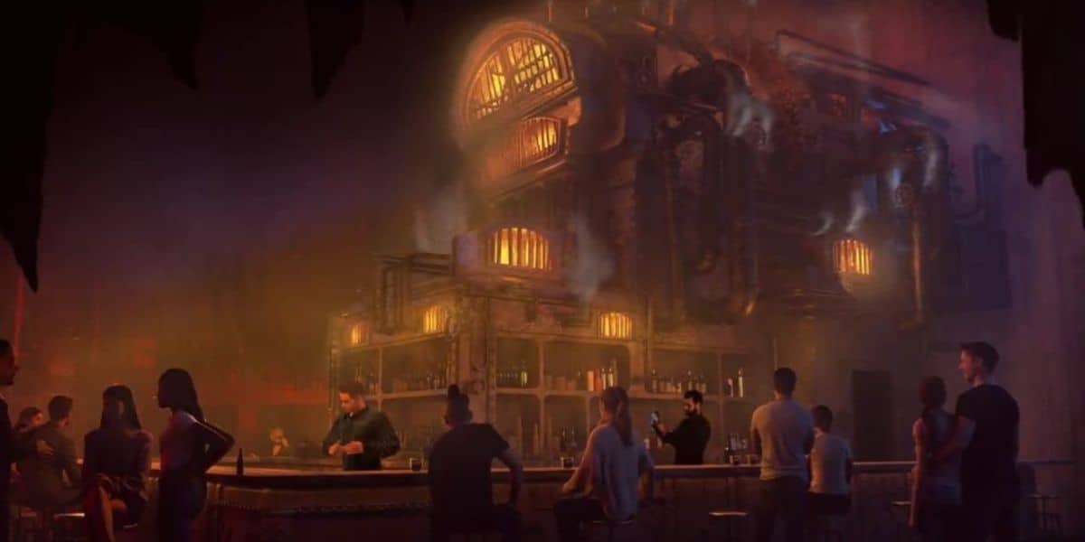 A dimly lit steampunk-themed bar with patrons sitting at the counter. The focal point is a large, intricate mechanical structure with glowing orange lights resembling furnaces, casting a warm glow over the scene.
