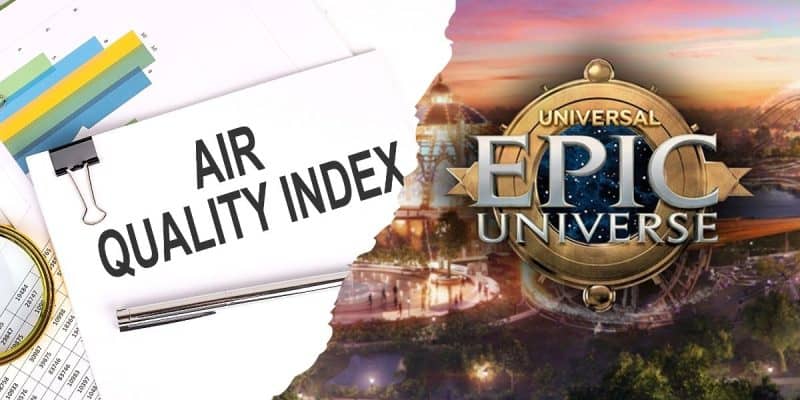 A torn image with "Air Quality Index" on a paper clipped to charts on the left and a theme park logo reading "Universal Epic Universe" over a cosmic background on the right.