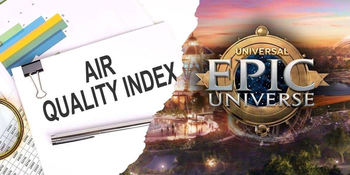 A torn image with "Air Quality Index" on a paper clipped to charts on the left and a theme park logo reading "Universal Epic Universe" over a cosmic background on the right.