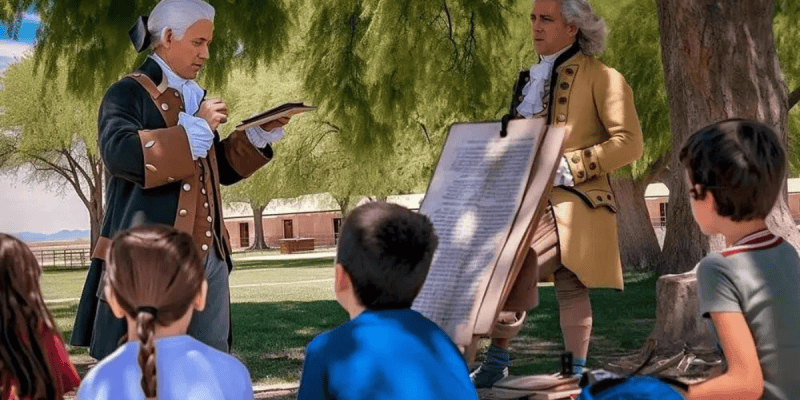 Two actors in 18th-century attire engage with children outdoors. One reads from a book, while the other stands nearby, holding papers. The children sit on the grass under trees on a sunny day, attentively watching.