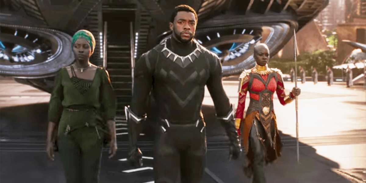 L-R: Lupita Nyong'o as Nakia, Chadwick Boseman as T'Challa, and Danai Gurira as Okoye