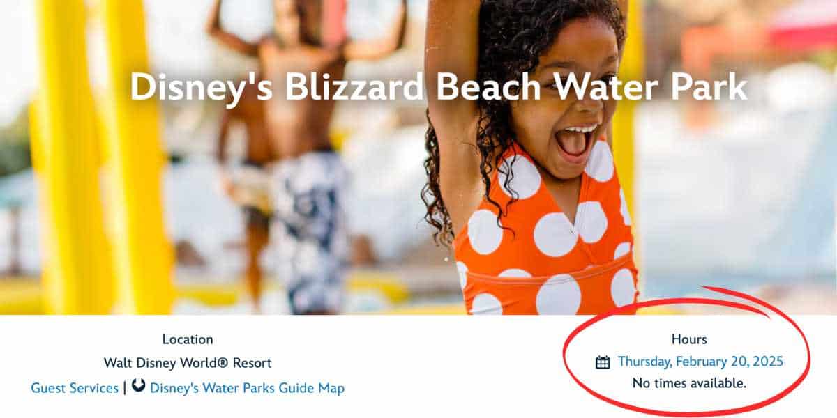 Blizzard Beach landing webpage with Thursday February 20 date listed