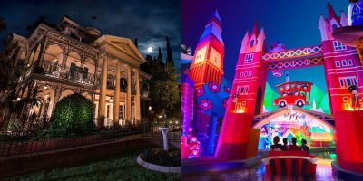 Haunted Mansion exterior at nighttime at Disneyland (left), "it's a small world" interior at Disneyland Paris (right)