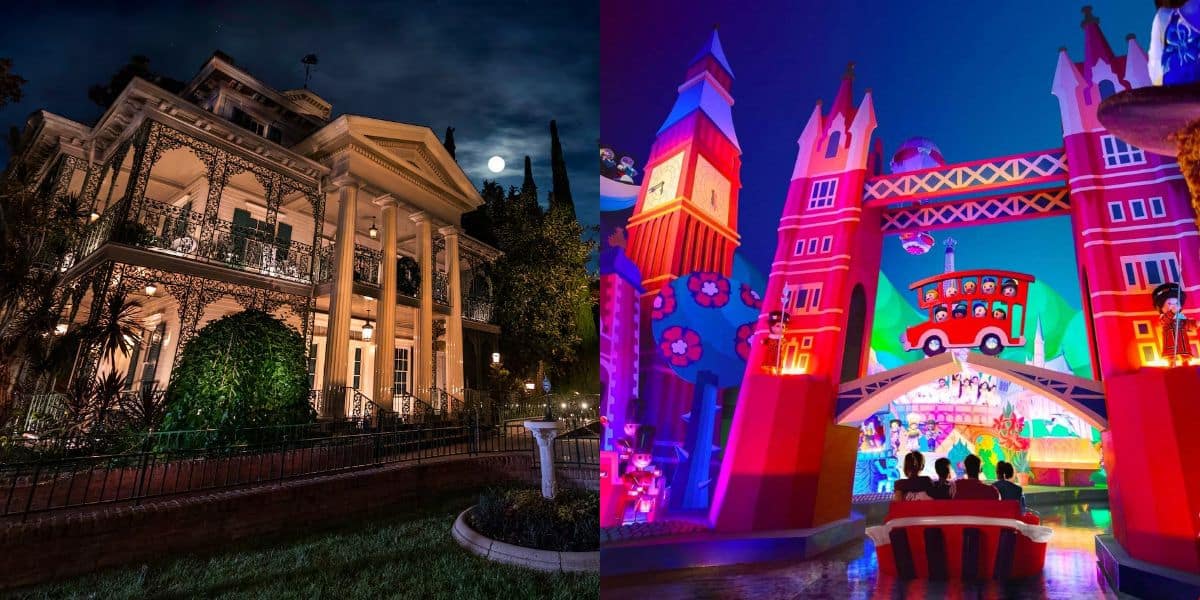 Haunted Mansion exterior at nighttime at Disneyland (left), "it's a small world" interior at Disneyland Paris (right)
