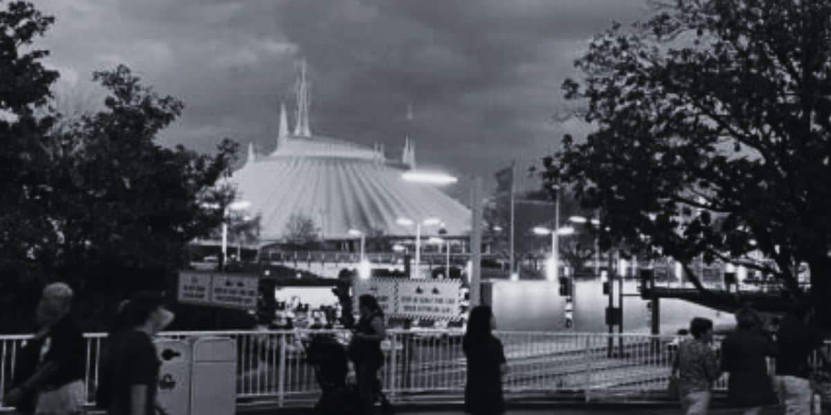 Black and white image of Space Mountain at Magic Kingdom Park as seen from the Tomorrowland Speedway.