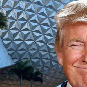 U.S. President Donald J. Trump smirking in front of Spaceship Earth at EPCOT within Disney World.
