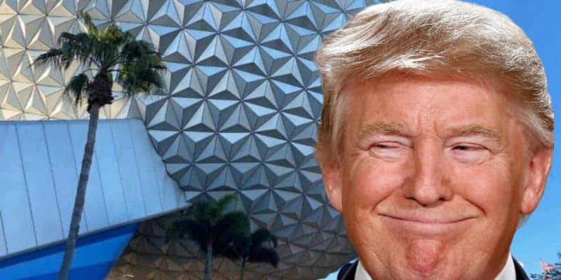 U.S. President Donald J. Trump smirking in front of Spaceship Earth at EPCOT within Disney World.