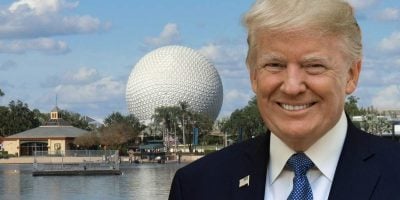 President Donald Trump edited in front of Spaceship Earth seen from the EPCOT World Showcase.