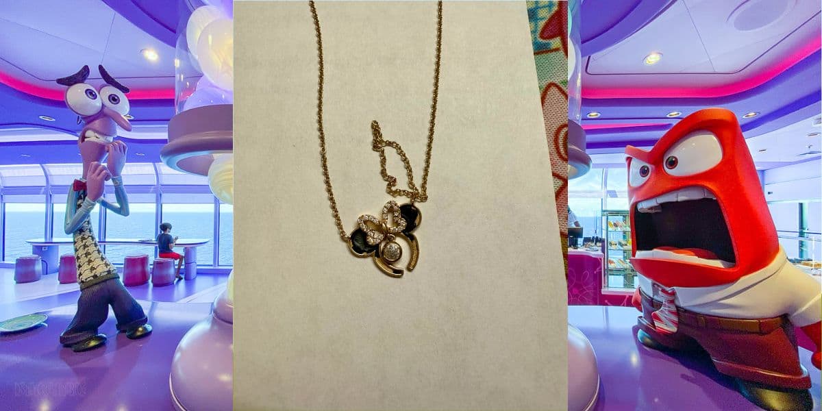 Split image: Fear from Inside Out on the left, a broken necklace in the middle, and Anger from Inside Out on the right