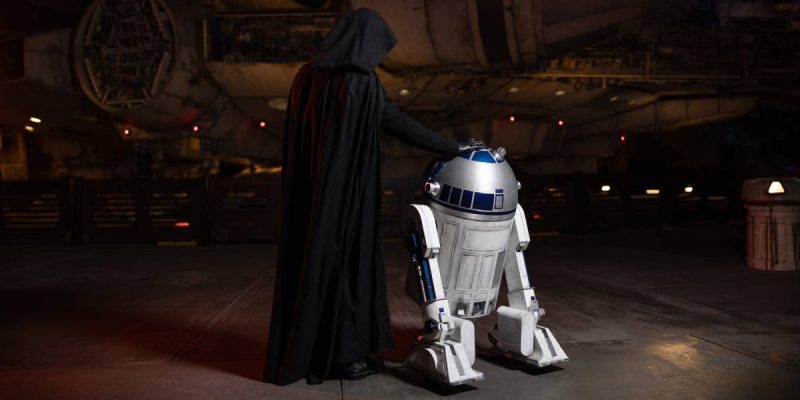 Luke Skywalker alongside R2D2 stands in front of the Millenium Falcon at Galaxy's Edge