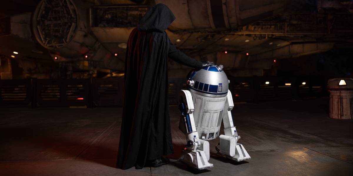 Luke Skywalker alongside R2D2 stands in front of the Millenium Falcon at Galaxy's Edge