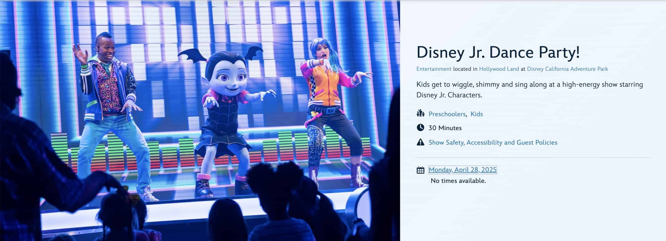 Disney Jr Dance Party schedule at Disney California Adventure