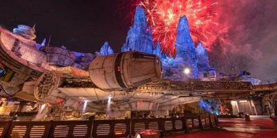 Fireworks over the Millennium Falcon at Galaxy's edge