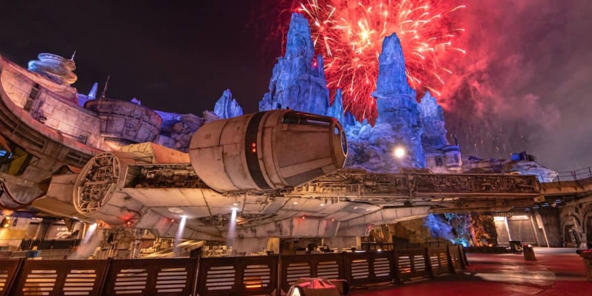 Fireworks over the Millennium Falcon at Galaxy's edge
