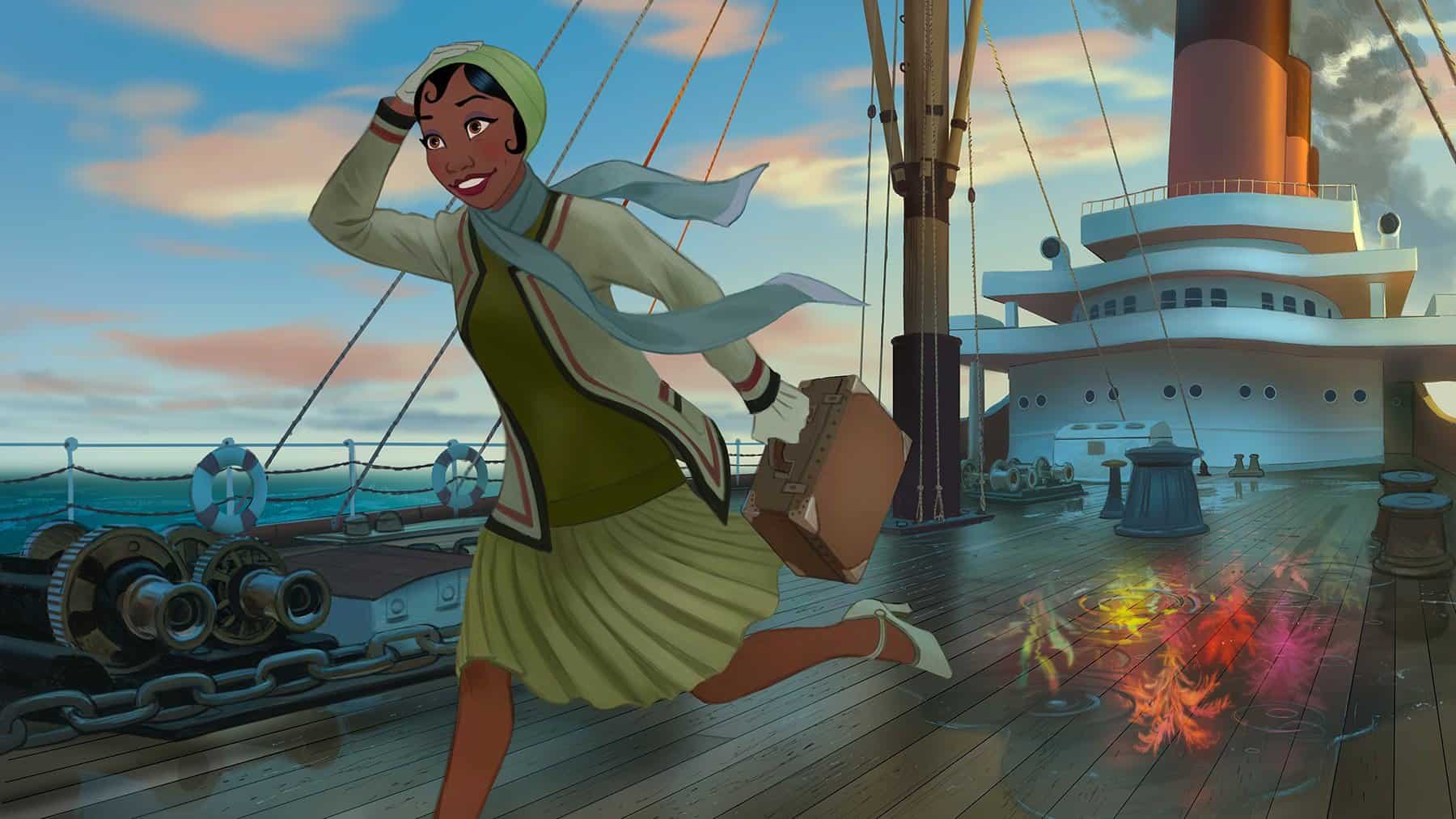 Tiana in a boat in the new Princess and the Frog series called Tiana