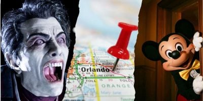 A collage featuring a vampire with pale skin and sharp teeth on the left, a map of Orlando with a red pushpin marking Universal in the center, and Mickey Mouse at Disney World peeking from behind a door on the right as Disney World Universal and Epic Universe prepare for record-setting Memorial Day weekend crowds in 2025.