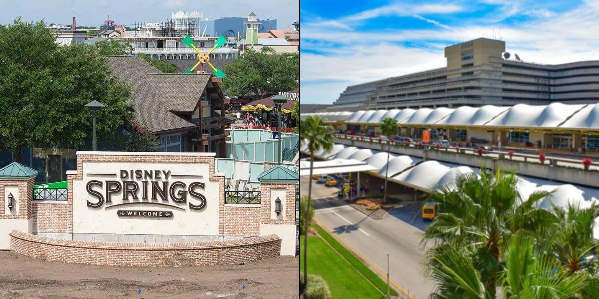 Split image: Left shows the entrance sign to Disney Springs with buildings and trees in the background. Right shows a large, modern airport terminal with vehicles outside and palm trees in the foreground, which will soon have a connection to a rail.