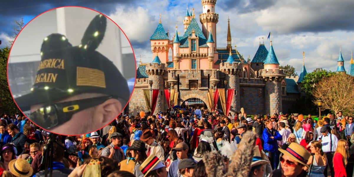 A large crowd gathers in front of a fairytale castle with blue turrets under a cloudy sky. Inset shows a dark hat with ears and a slogan embroidered on it. People are wearing various hats in the crowd.