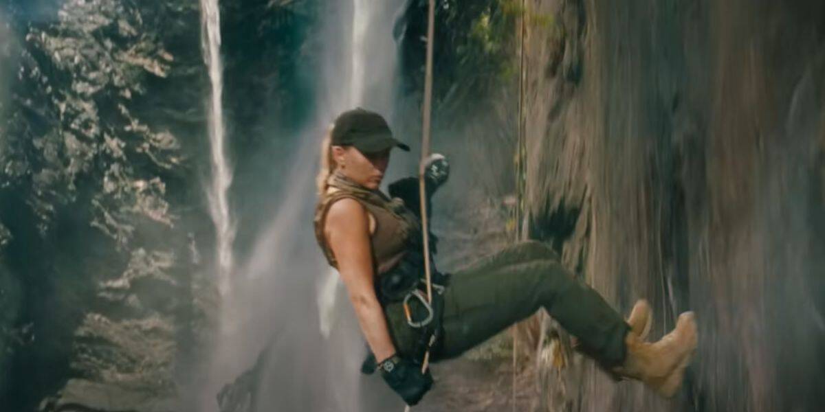 Scarlett Johansson rappelling down a cliff in 'Jurassic World Rebirth'