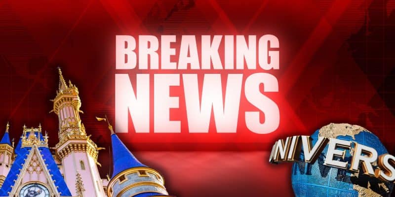 A "Breaking News" graphic with a red background featuring an urgent warning: On the left, the Disney World Cinderella castle, while on the right, part of a globe displays "Universal Orlando.