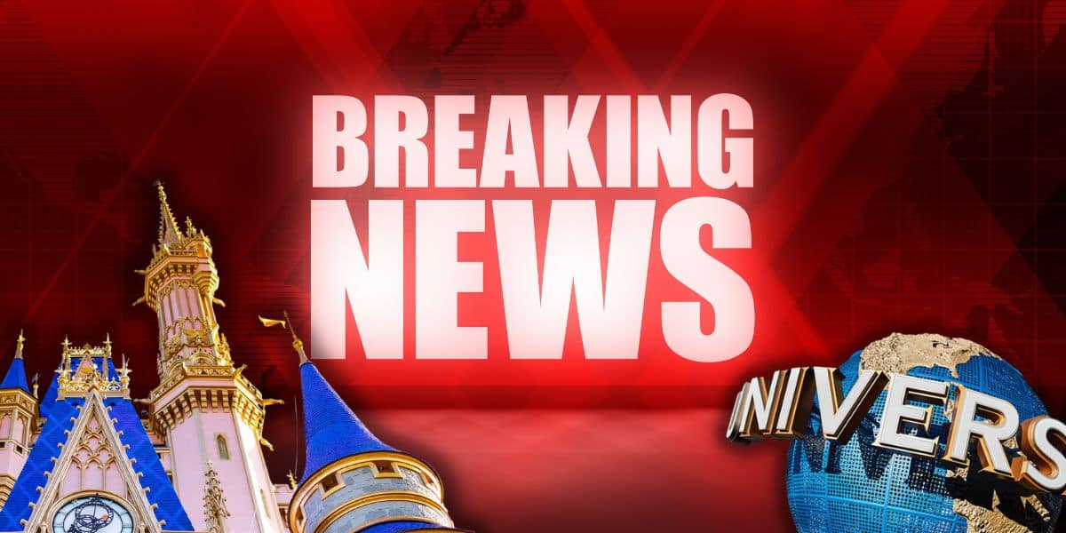 A "Breaking News" graphic with a red background featuring an urgent warning: On the left, the Disney World Cinderella castle, while on the right, part of a globe displays "Universal Orlando.