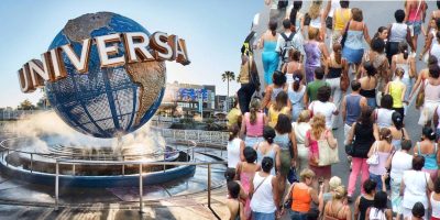 The image shows a split visual: on the left, a large globe sculpture with the word "UNIVERSAL" stands outside, emitting mist. On the right, a crowd of people of various ages and styles walk along a street.