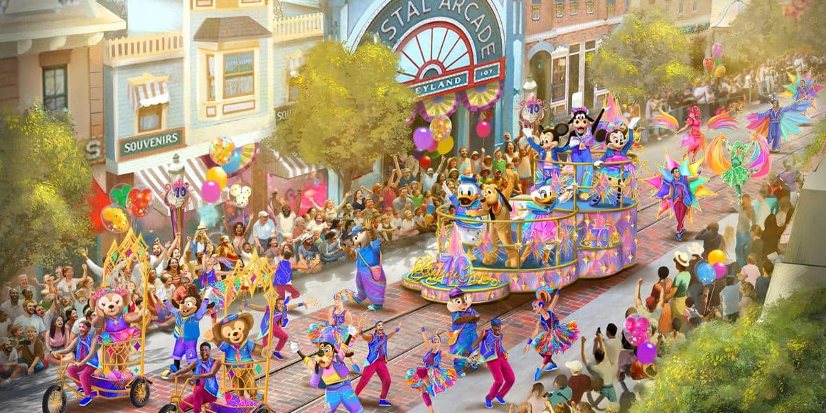 Concept art for "The Celebrate Happy Cavalcade" at Disneyland Park. 