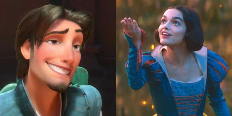Flynn Rider (L) and Rachel Zegler as Snow White (R)