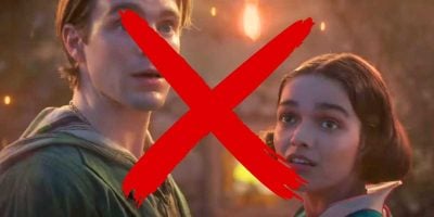 Andrew Burnap as Jonathan (L) and Rachel Zegler as Snow White (R) with a red 'X' overlay