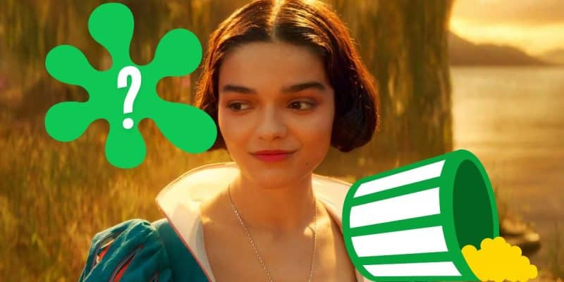 A person with short dark hair, dressed in a colorful outfit, stands beside a serene lake surrounded by lush greenery. Green graphics of a question mark and popcorn hint at Disney's 'Snow White' Remake as a possible inspiration for this vivid scene.