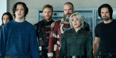 L-R: Hannah John-Kamen as Ghost, Lewis Pullman as Sentry, Wyatt Russell as U.S. Agent, David Harbour as Red Guardian, Florence Pugh as Yelena Belova, and Sebastian Stan as Bucky Barnes in Marvel's 'Thunderbolts'