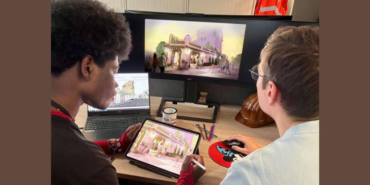 Two people collaborate at a desk with computers. One uses a digital tablet to draw an architectural scene, reminiscent of Disney's Tower of Terror, while the other uses a mouse. A large monitor displays detailed artwork. Colorful pens and a mug are on the desk.