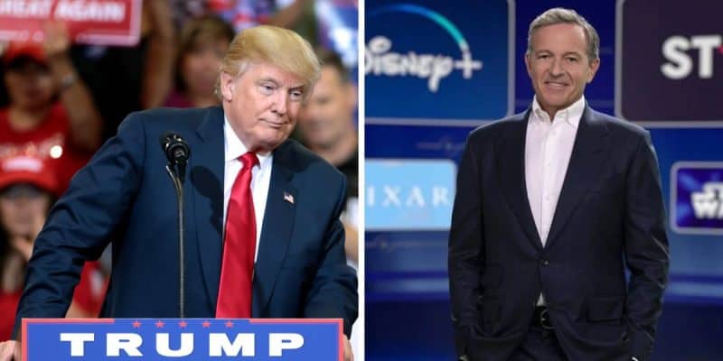 Left: Donald Trump at a podium. Right: Bob Iger in front of the Disney+ logo. Disney recently defended its DEI practices.