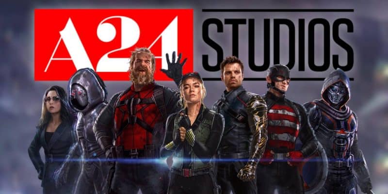 The cast of Thunderbolts infront of a mix between the A24 and the Marvel Studios logos.