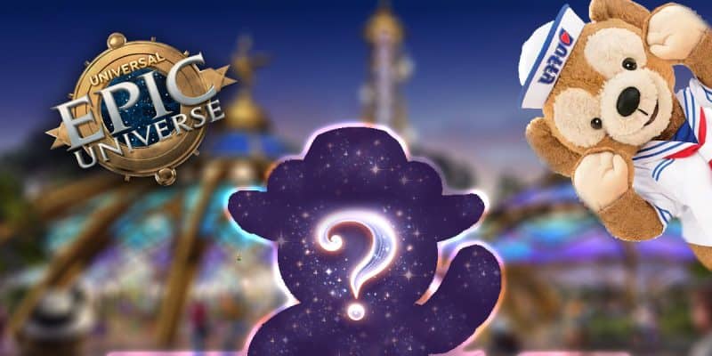 Silhouette of a mysterious character with a question mark, over a blurred theme park background. In the top right corner is duffy and in the left corner the logo of Epic Universe