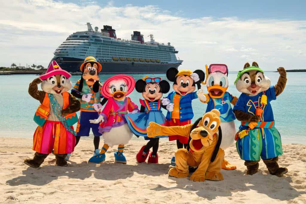 Disney Characters at Castaway Cay during a Disney Cruise Line adventure with guests.
