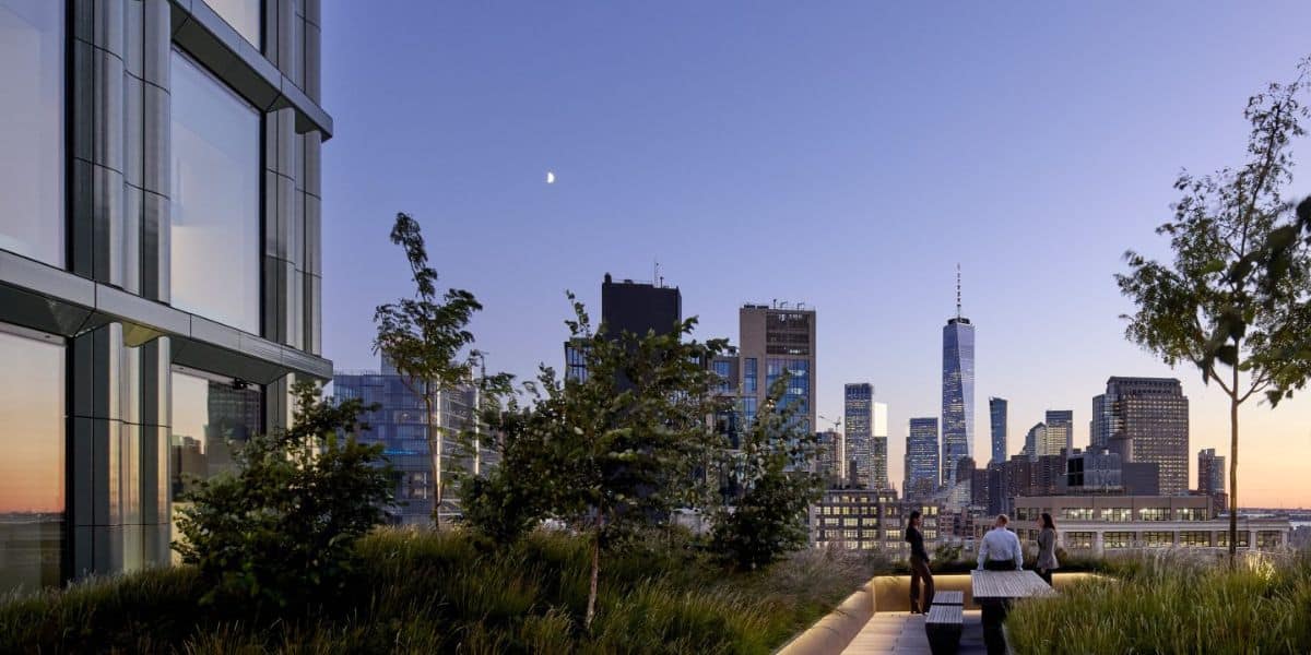 Rooftop garden with greenery and benches overlooking a city skyline at dusk. The moon is visible in the clear sky. Several tall buildings, including Disney headquarters with its iconic silhouette, rise in the background.