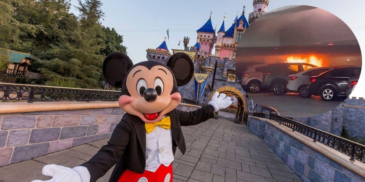 Mickey Mouse in front of Sleeping Beauty Castle with an insert of a car fire